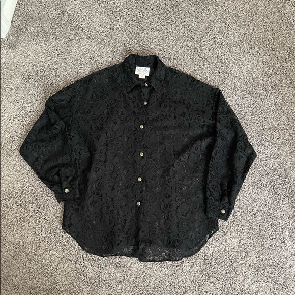 Vintage Fritz and Floyd• Black Lace Sheer Button Down Shirt/ Blouse - Picture 7 of 11